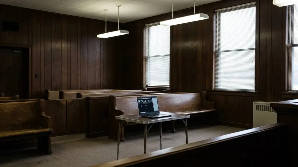 Empty courthouse hearing room set up for a remote video guardianship hearing