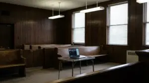 Empty courthouse hearing room set up for a remote video guardianship hearing