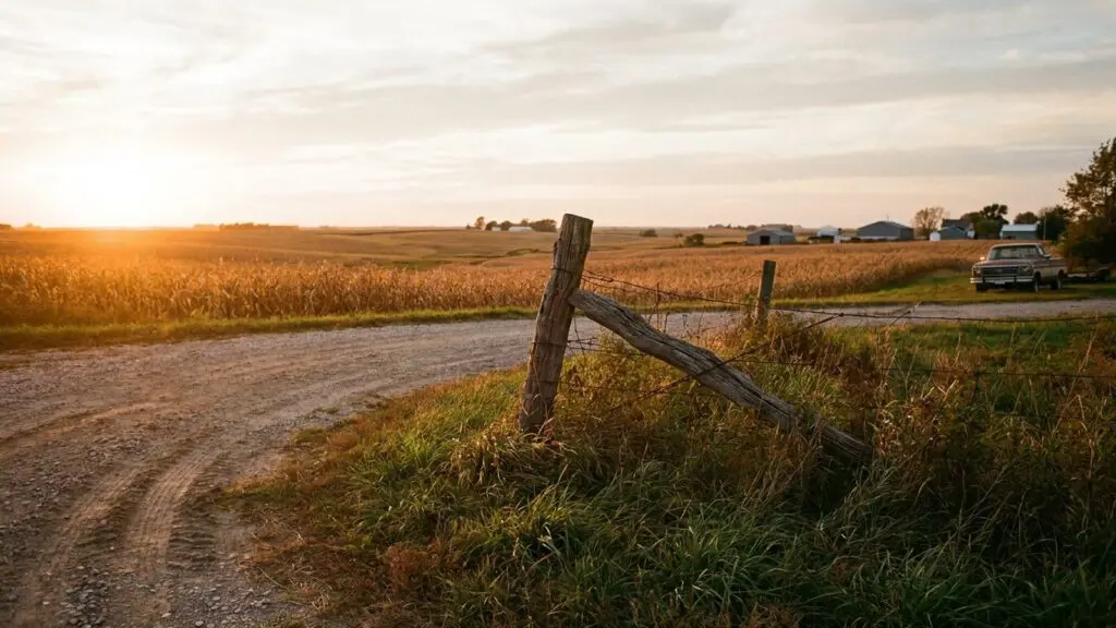 Gravel driveway crossing a rural Nebraska property boundary at golden hour