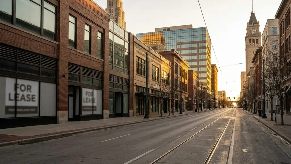 Downtown Omaha commercial storefronts at golden hour
