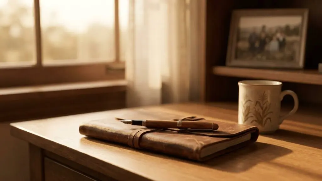 Fountain pen and folio on a desk in warm afternoon light
