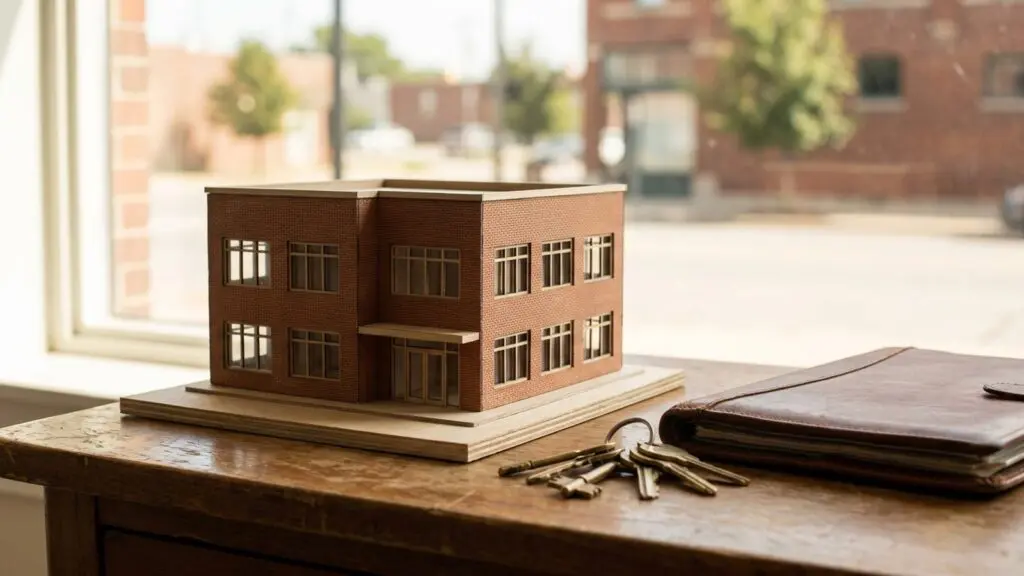Scale model of a brick professional office building beside a ring of brass keys and a leather folio on a wooden desk by a window