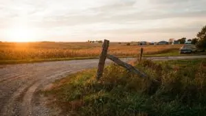 Gravel driveway crossing a rural Nebraska property boundary at golden hour