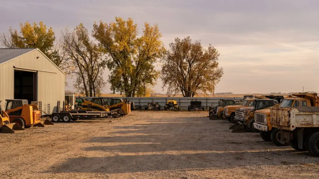 Landscaping equipment yard on the edge of Omaha with skid steers and trucks parked on gravel in autumn light