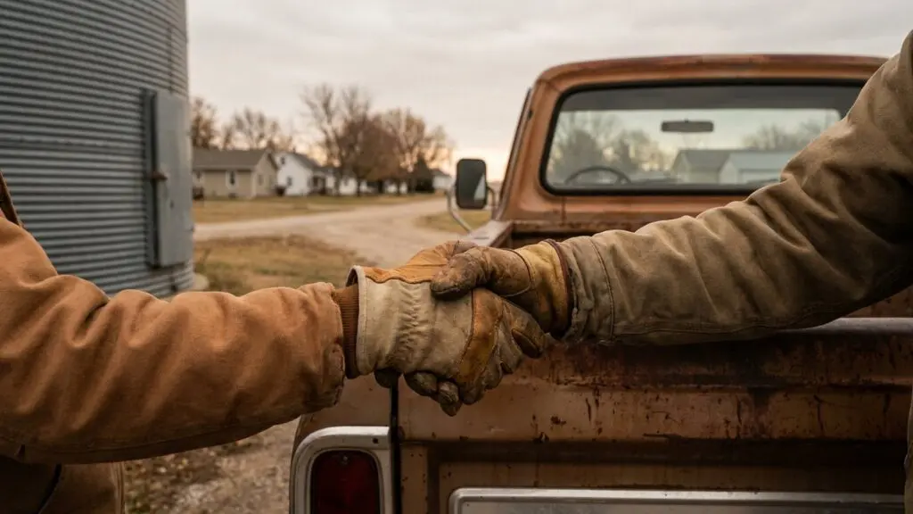 Two gloved hands shaking over the rusted tailgate of a pickup truck beside a Nebraska grain bin